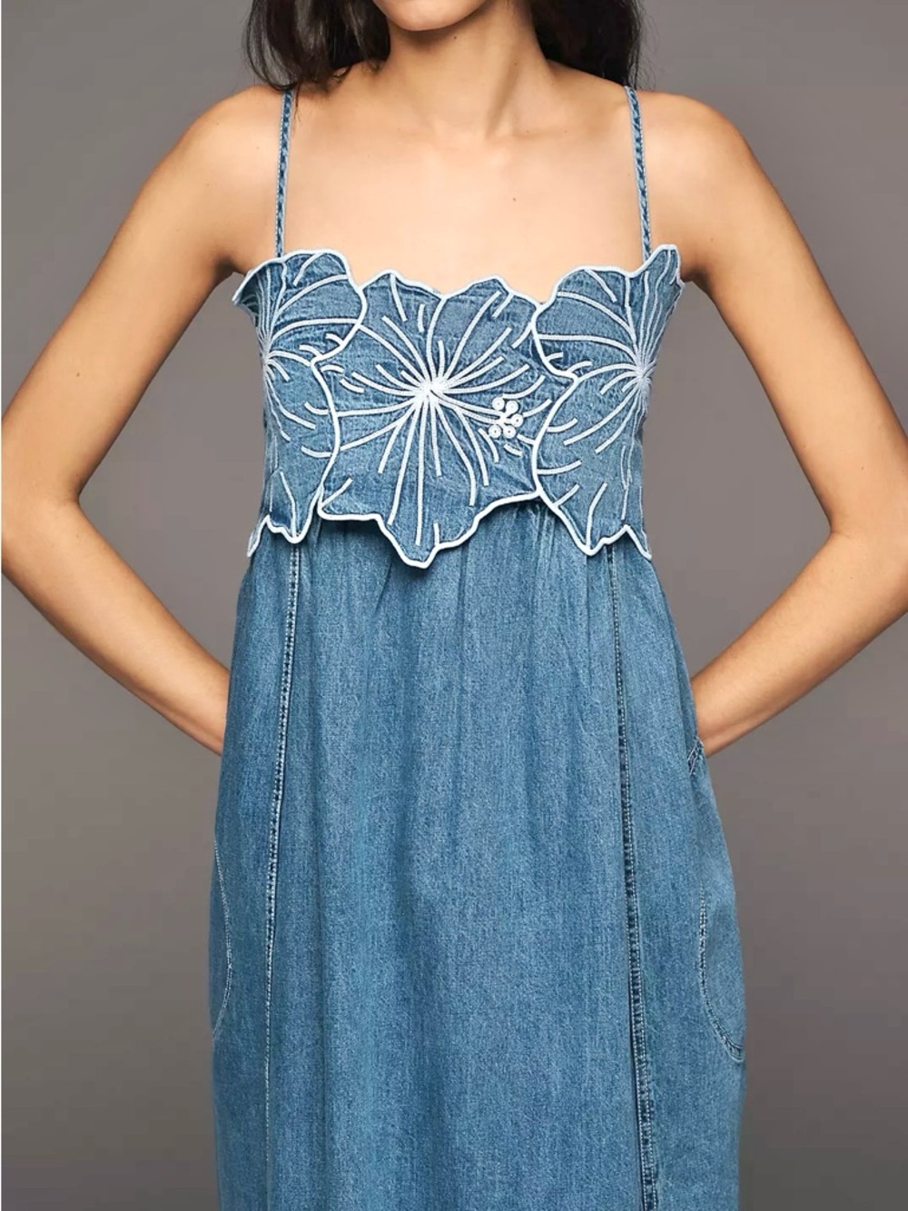 Anthropologie Pilcro Light Denim Floral Appliqué Maxi Dress Size Medium NWT - Picture 11 of 12
